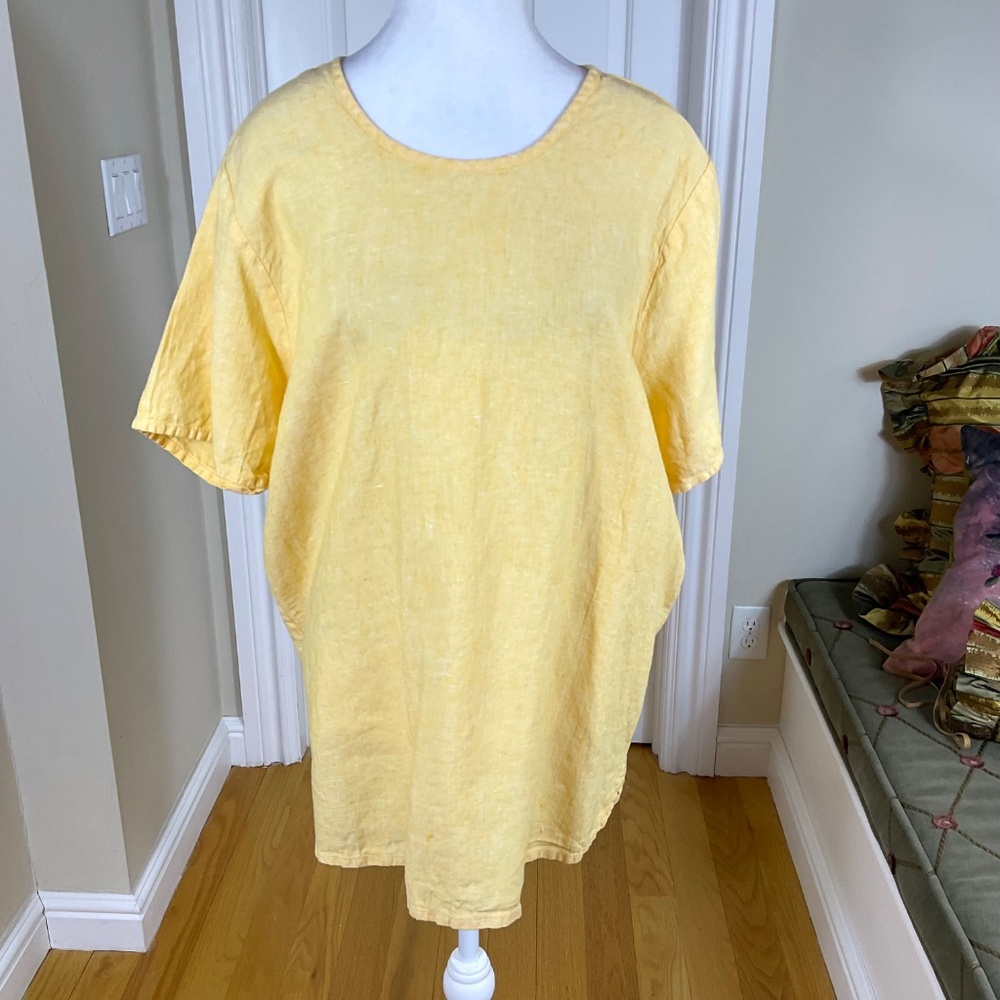 Flax Linen Tunic Top Short Sleeve Yellow (L) - Picture 2 of 7